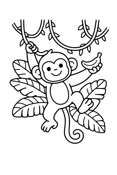 Coloring page of a monkey swinging on a vine among jungle leaves