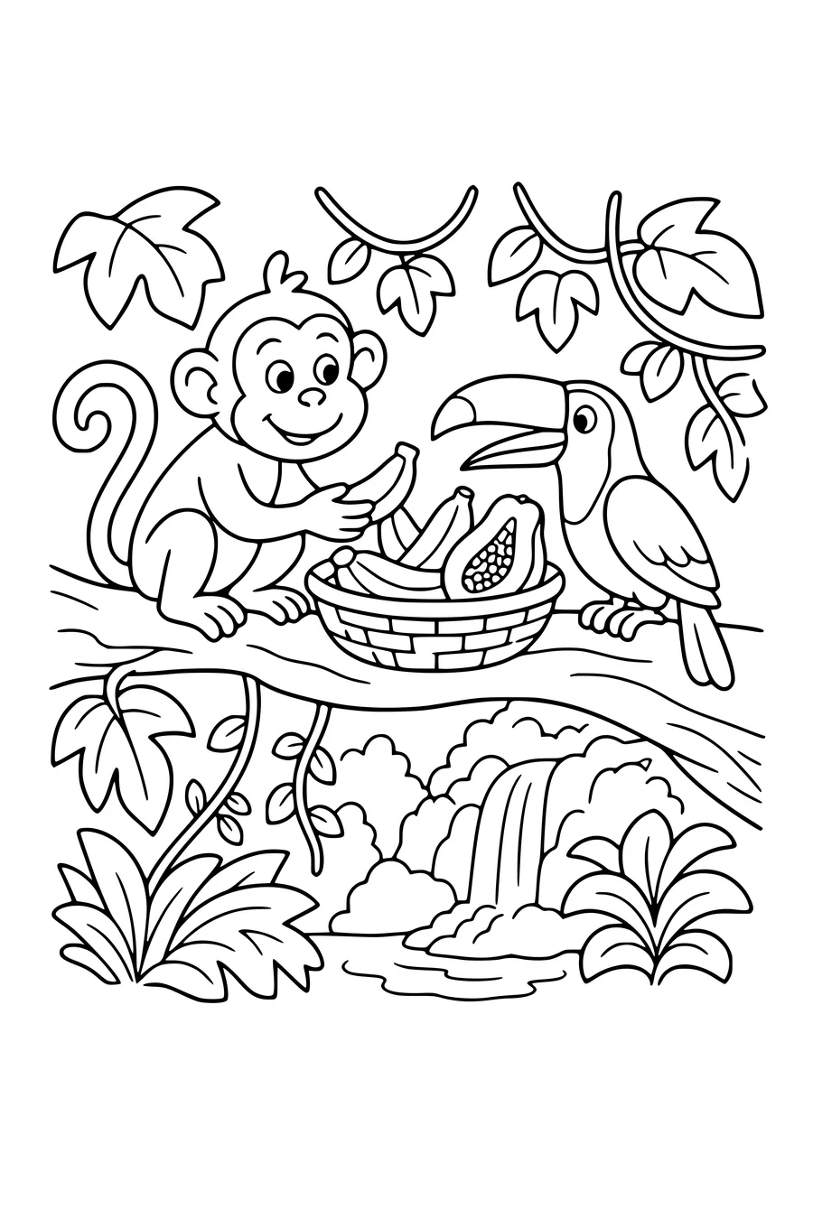 Medium coloring page of a monkey sharing jungle fruit with a toucan