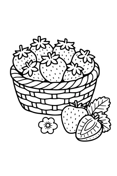 Coloring page of a woven basket of strawberries with one cut in half