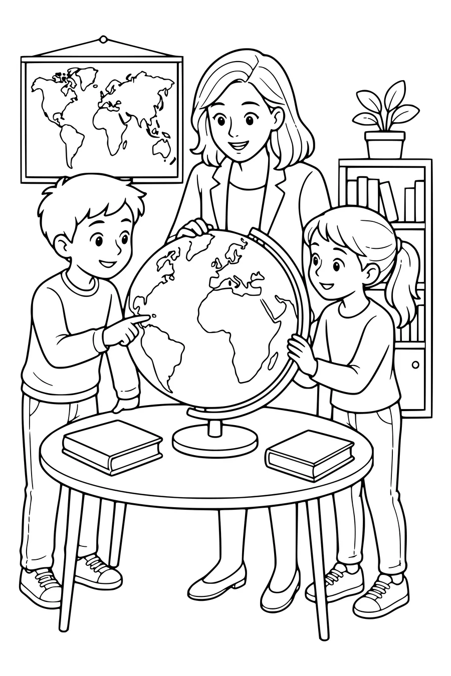 Gratis printbare school kleurplaat van aardrijkskundeles met een wereldbol in de klas