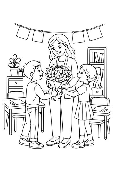 Free printable school coloring page of saying goodbye to the teacher in class in class
