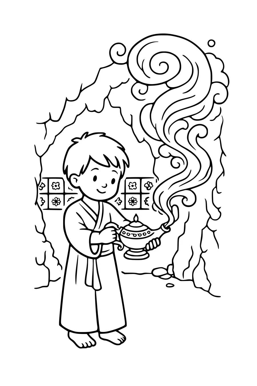 Coloring page of a boy rubbing an ornate oil lamp with curling smoke