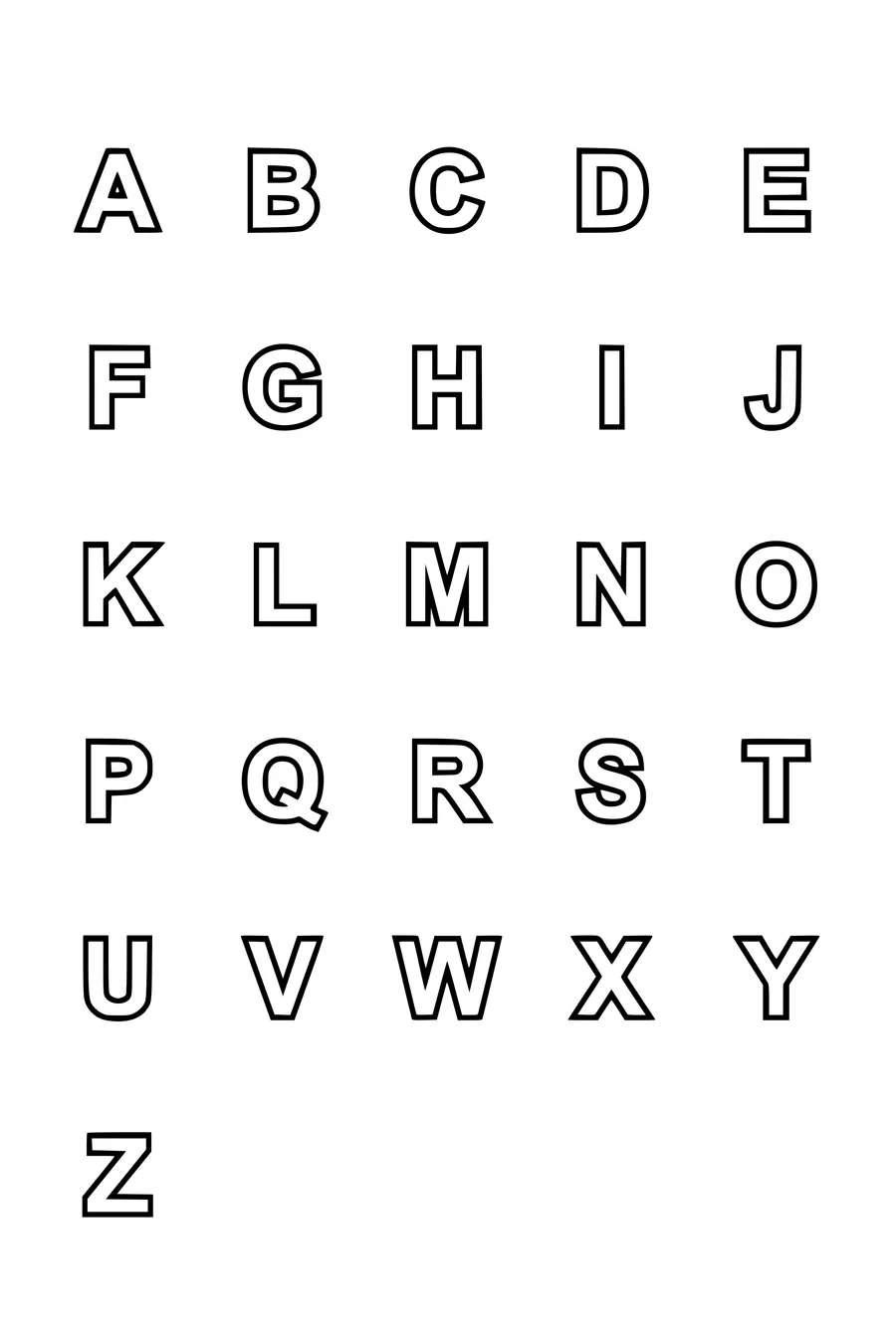 Coloring page of the whole alphabet in a grid with small drawings