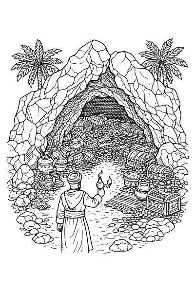 Coloring page of a treasure cave with jars, carpets and chests