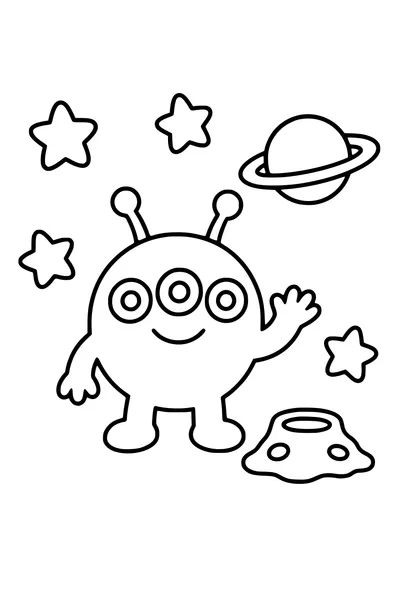 Easy coloring page of a friendly round alien with three eyes
