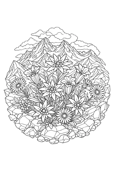 Detailed adult coloring page of alpine flowers below mountain peaks