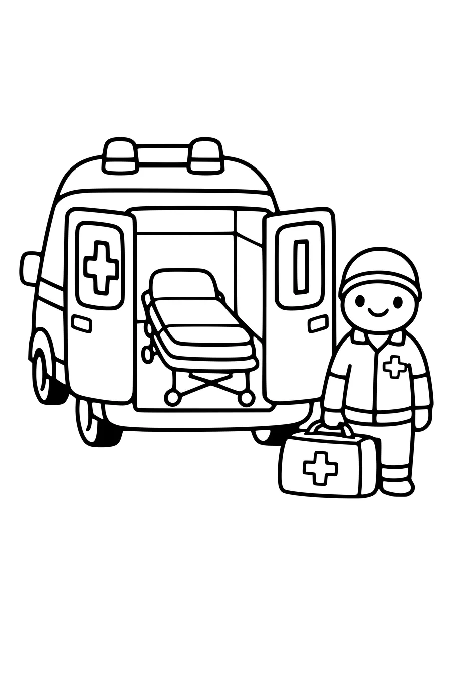 Coloriage d’une ambulance avec civière et secouriste
