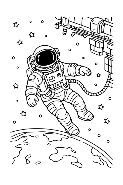 Coloring page of an astronaut on a tether above Earth