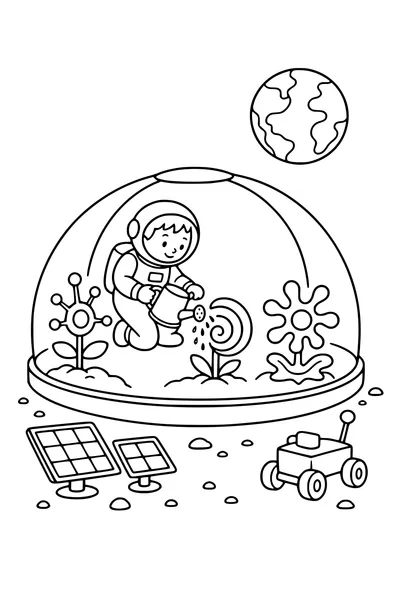 Kleurplaat op gemiddeld niveau van een originele jonge astronaut die een maantuin plant
