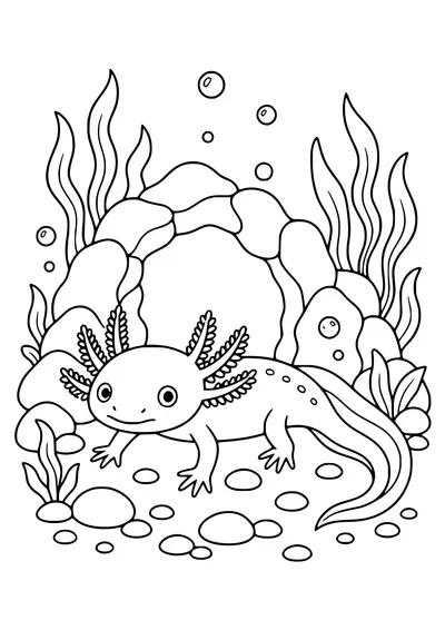 Free printable coloring page of axolotl beside an underwater cave
