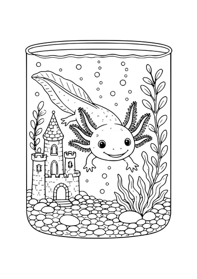 axolotl in an aquarium coloring page
