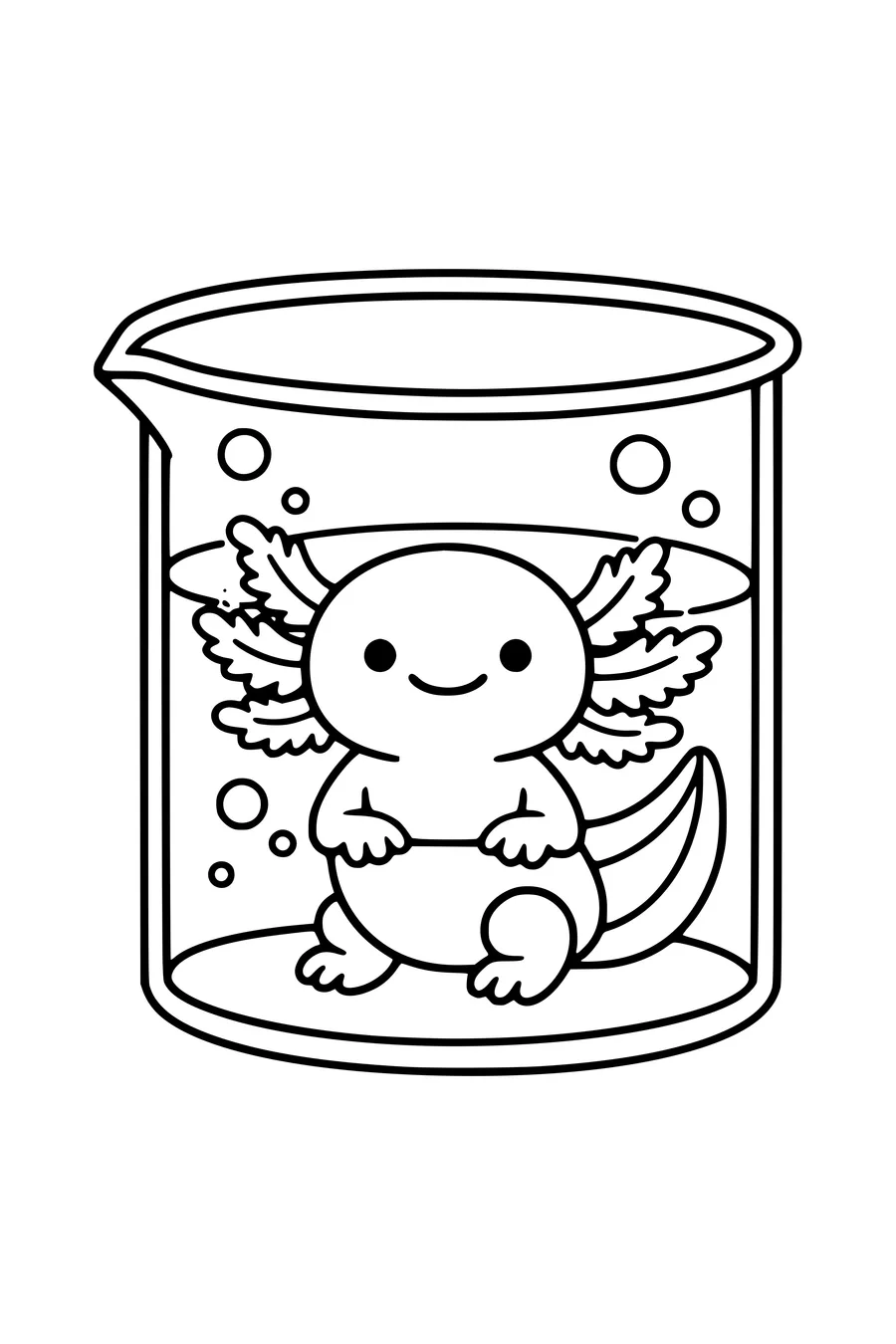 Kleurplaat van een lachende axolotl in een glazen reageerglas met belletjes