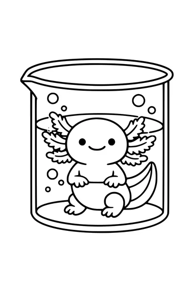 Coloring page of a smiling axolotl sitting in a glass laboratory beaker with bubbles
