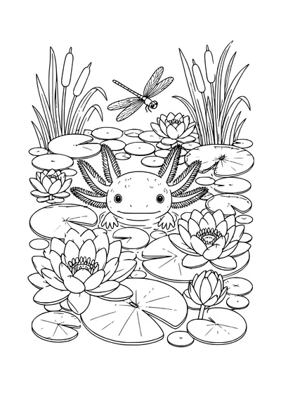 axolotl tussen waterlelies kleurplaat