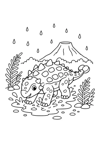 Medium coloring page of a baby ankylosaurus splashing in a puddle