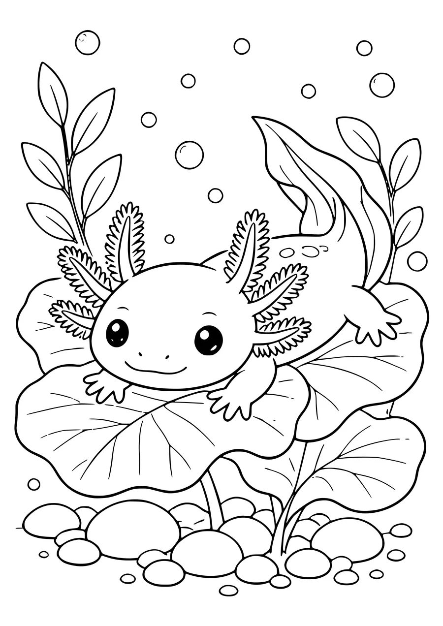Bébé axolotl sur une plante aquatique à colorier