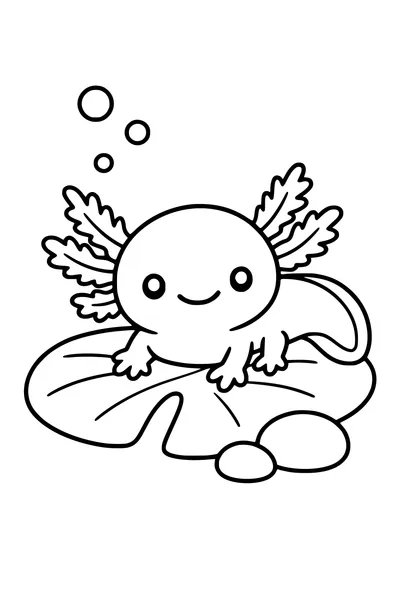 Printable coloring page of baby axolotl on a water plant