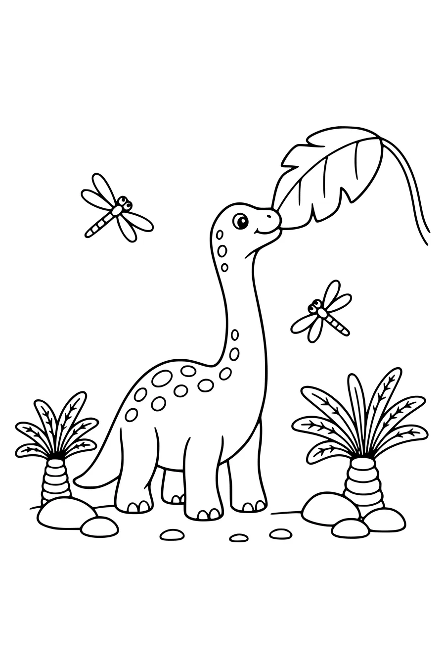 Medium coloring page of a baby brachiosaurus reaching for a large leaf