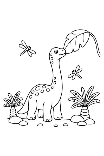 Medium coloring page of a baby brachiosaurus reaching for a large leaf