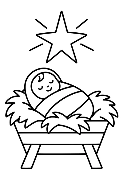 Un bébé emmailloté dans une crèche sous une grande étoile.