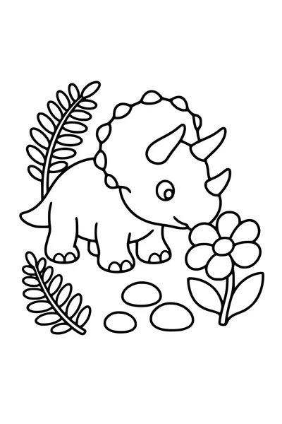 Easy coloring page of a baby triceratops looking at a flower