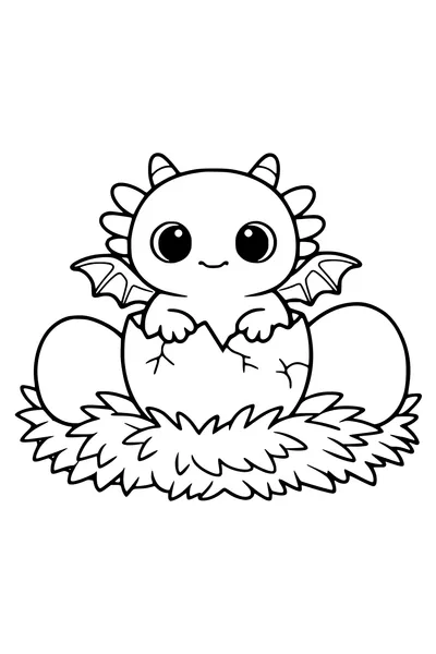 Coloring page of a baby dragon hatching from a cracked egg