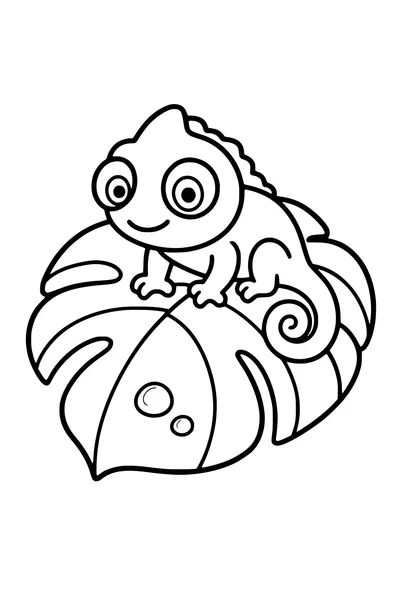 Coloring page of a tiny baby chameleon sitting on a large leaf with dewdrops