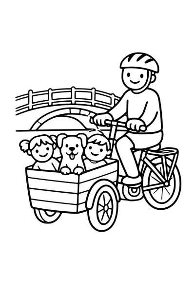 Kleurplaat van een bakfiets met twee kinderen en een hond