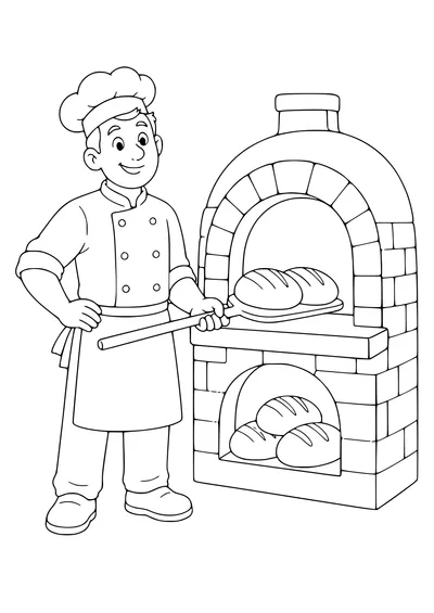 Coloring page of a baker sliding loaves into an oven