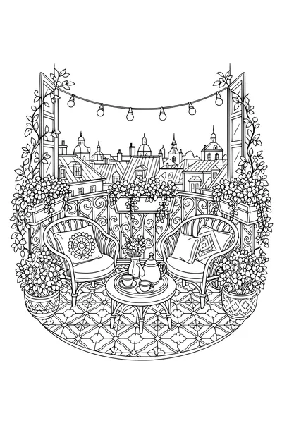 Detailed adult coloring page of a cozy balcony with string lights at dusk