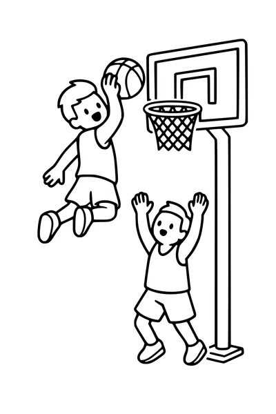Coloring page of a basketball player dunking through a hoop