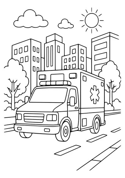 Ambulance on the road — page de coloriage gratuite à imprimer