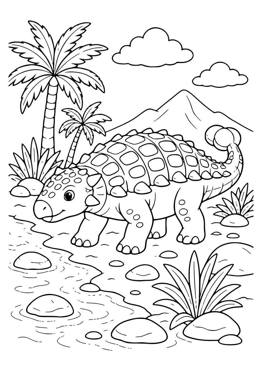 Ankylosaurus by the river — kostenloses Ausmalbild zum Ausdrucken
