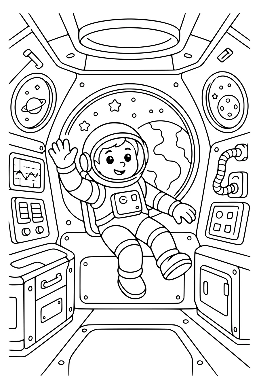 Astronaut in the space station — kostenloses Ausmalbild zum Ausdrucken