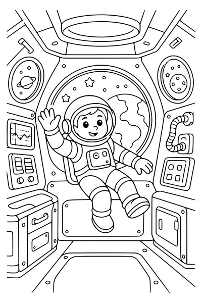 Astronaut in the space station — kostenloses Ausmalbild zum Ausdrucken