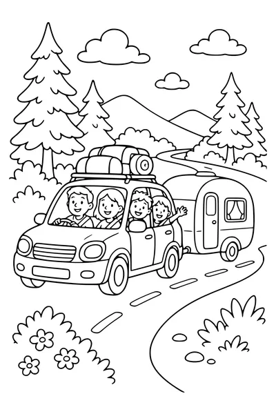 Car towing a caravan — page de coloriage gratuite à imprimer