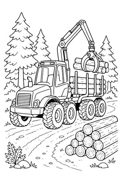 Forestry machine among trees — kostenloses Ausmalbild zum Ausdrucken