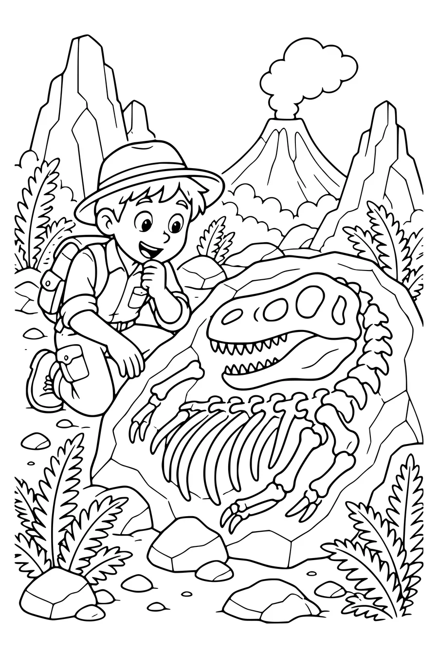 Dinosaur explorer by a fossil — kostenloses Ausmalbild zum Ausdrucken