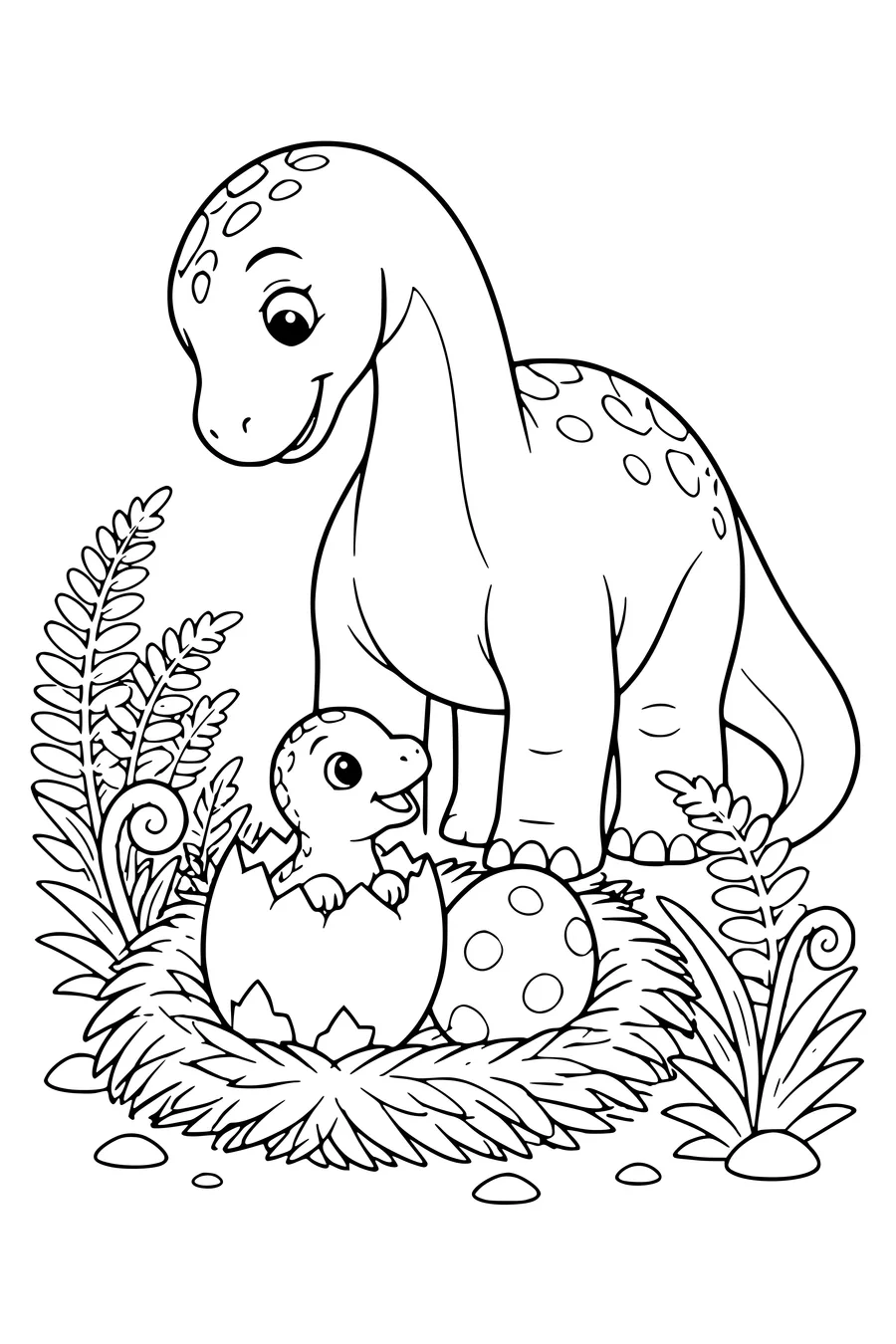 Dinosaur with young in the nest — page de coloriage gratuite à imprimer