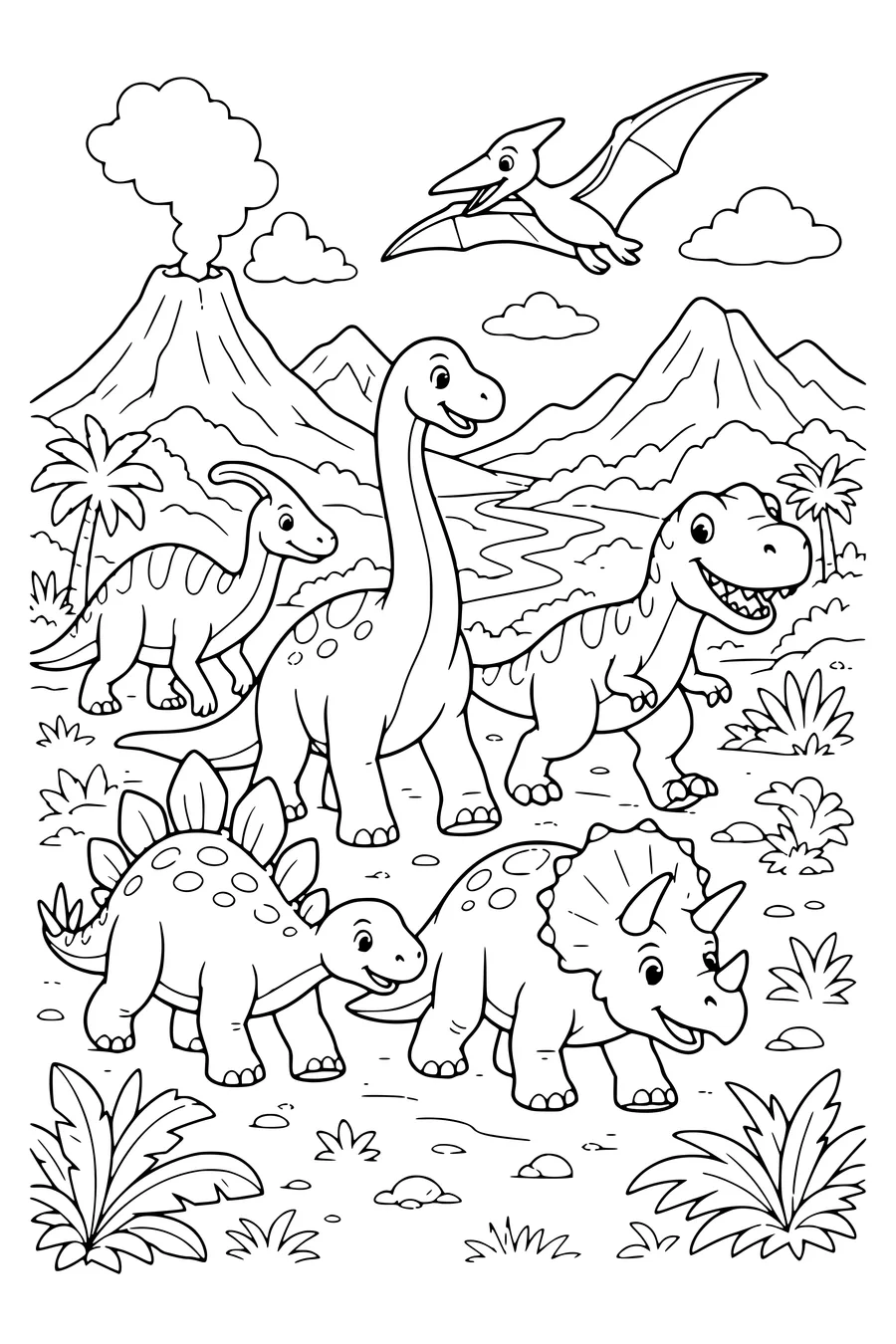 Dinosaur parade through the valley coloring page