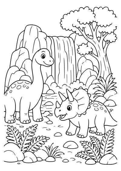 Dinosaurs by the waterfall coloring page