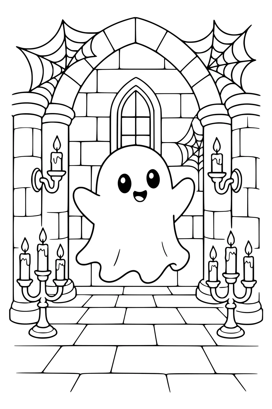 Halloween ghost in a castle — kostenloses Ausmalbild zum Ausdrucken