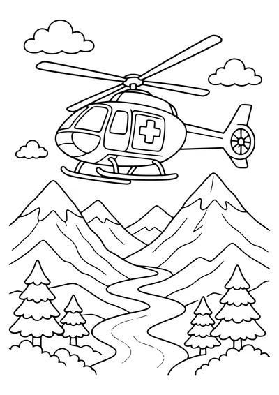 Helicopter above the mountains — page de coloriage gratuite à imprimer