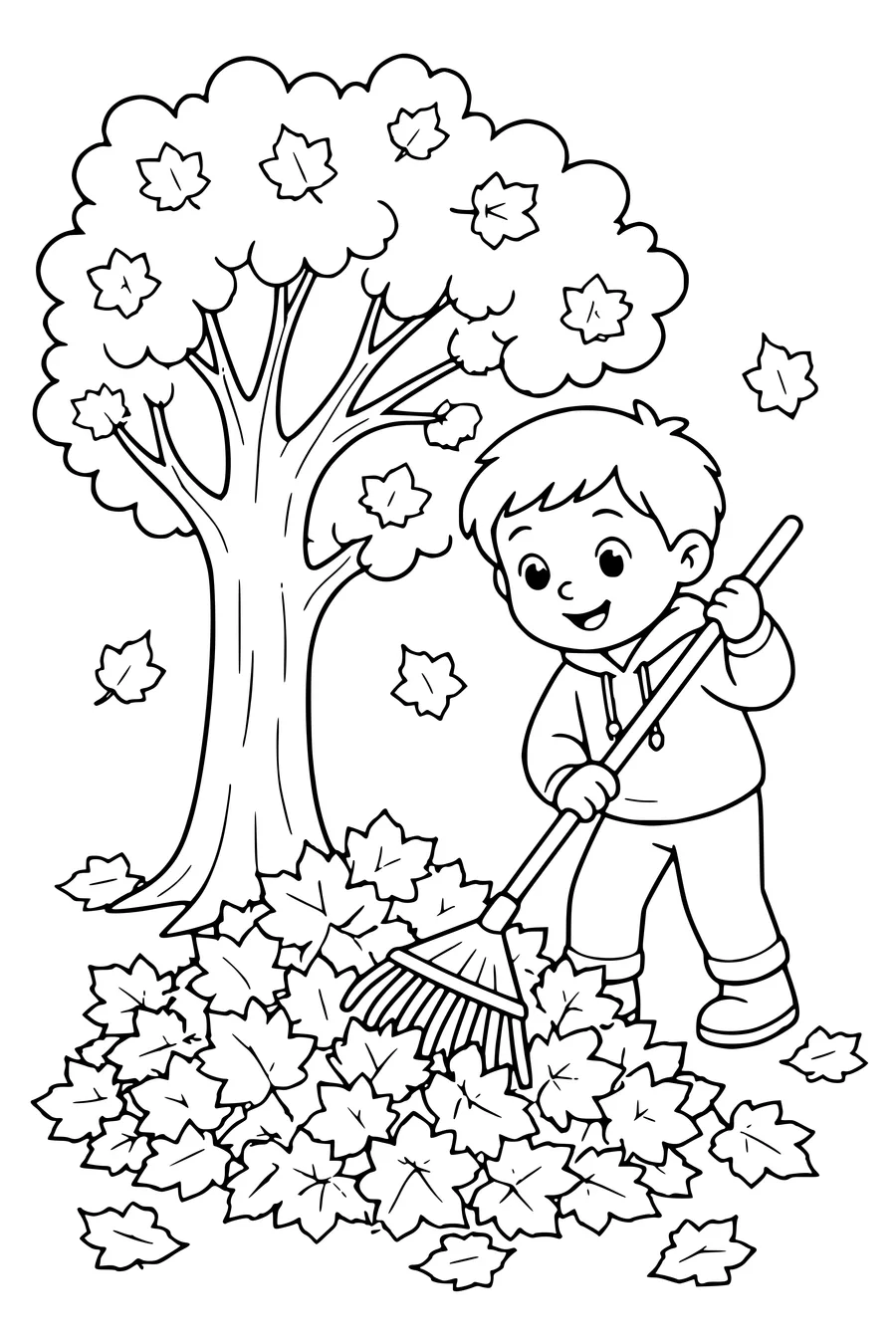 Autumn raking leaves coloring page