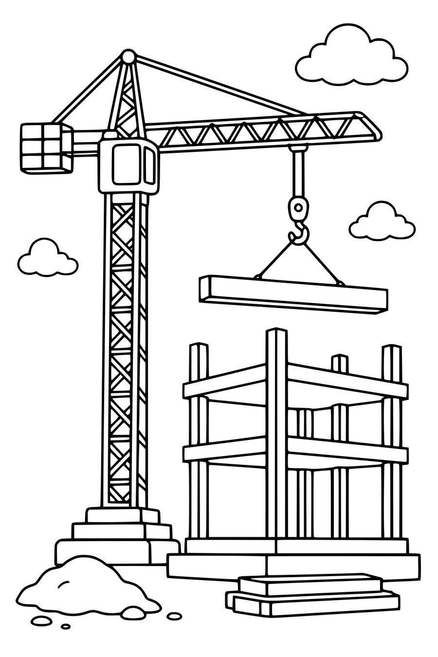 Crane beside a building — kostenloses Ausmalbild zum Ausdrucken