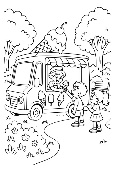 Ice cream truck in the park — page de coloriage gratuite à imprimer