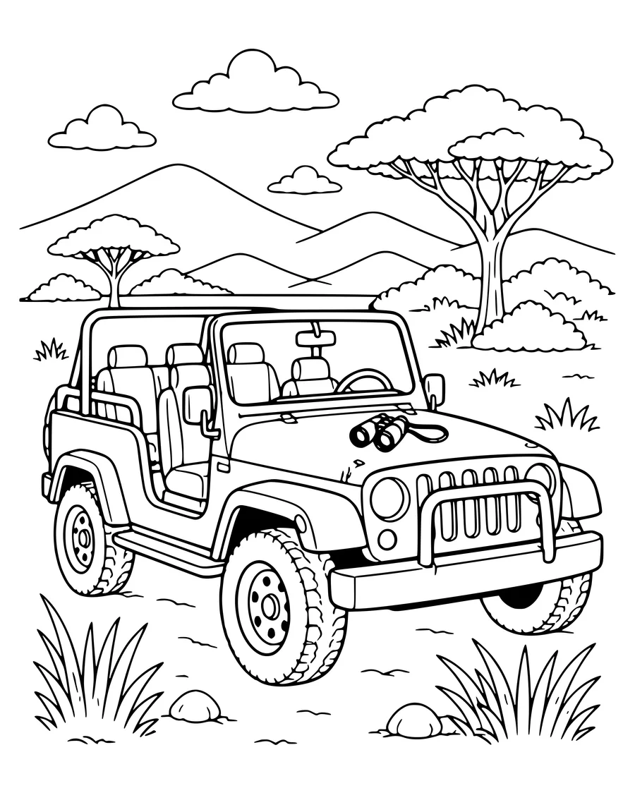 Jeep on safari — page de coloriage gratuite à imprimer