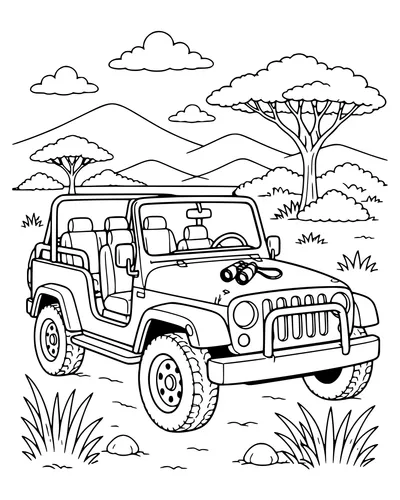 Jeep on safari — page de coloriage gratuite à imprimer