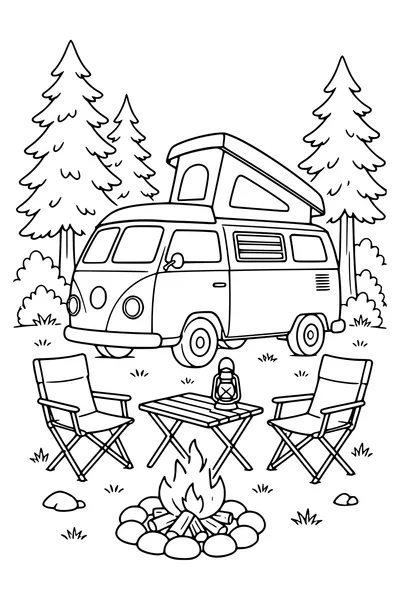 Camper van at the campsite coloring page