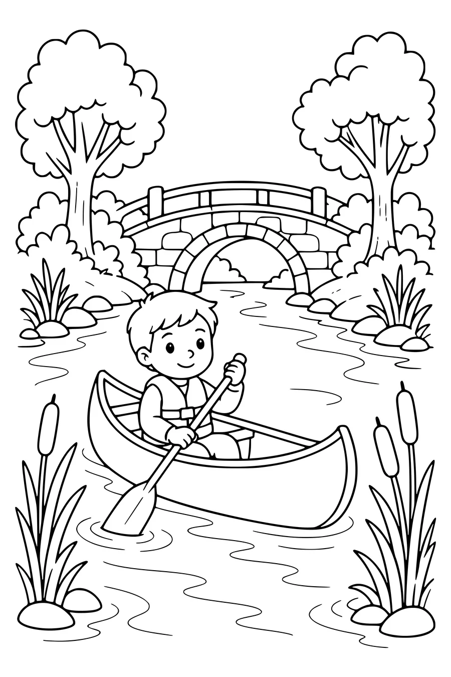 Canoe on the river — kostenloses Ausmalbild zum Ausdrucken